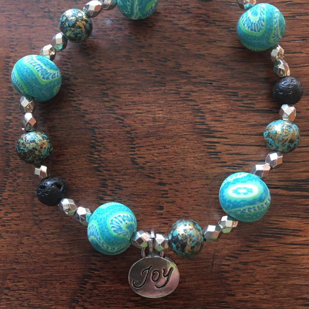 Handmade Essential Oil Bracelet Lava Beads, Earth Tone, gold, blue, green silver
